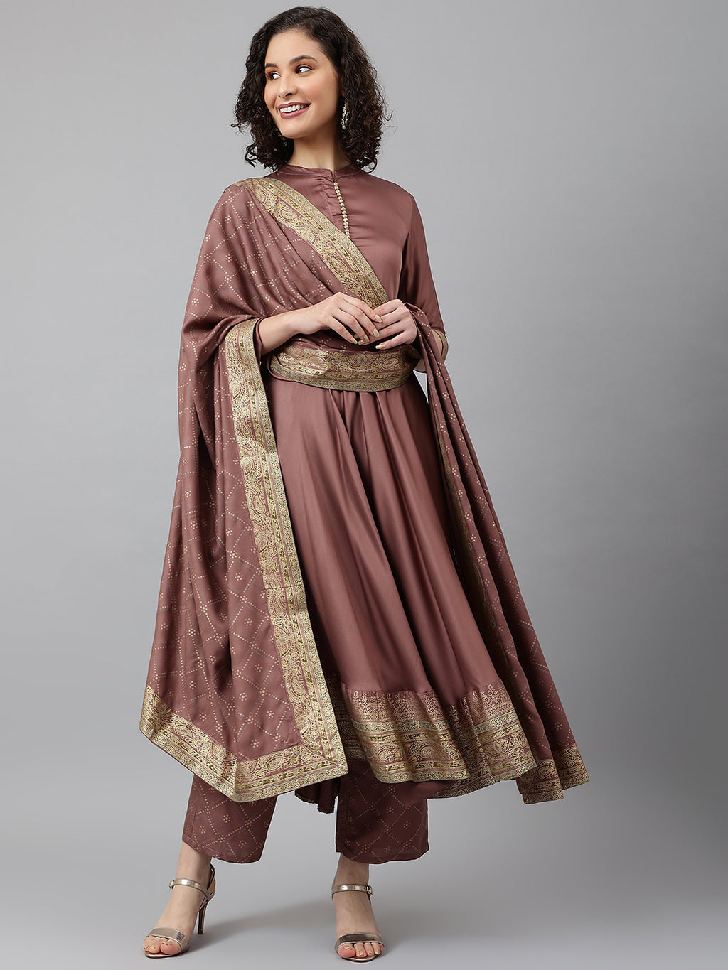 Brown solid Kurta with Trousers with dupatta