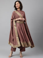 Brown Solid Kurta with Trousers with Dupatta
