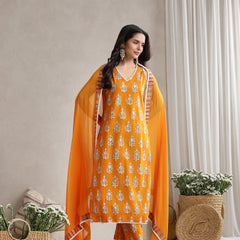 Khushal K Floral Printed V-Neck Pure Cotton Straight Kurta set