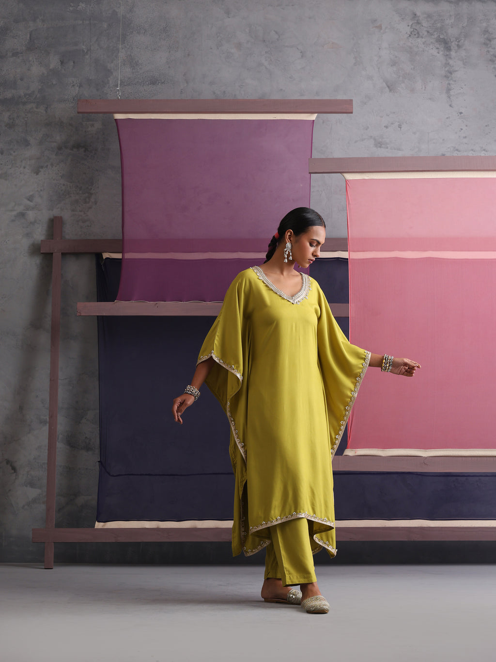 Khushal K Women V-Neck Green Kaftan set