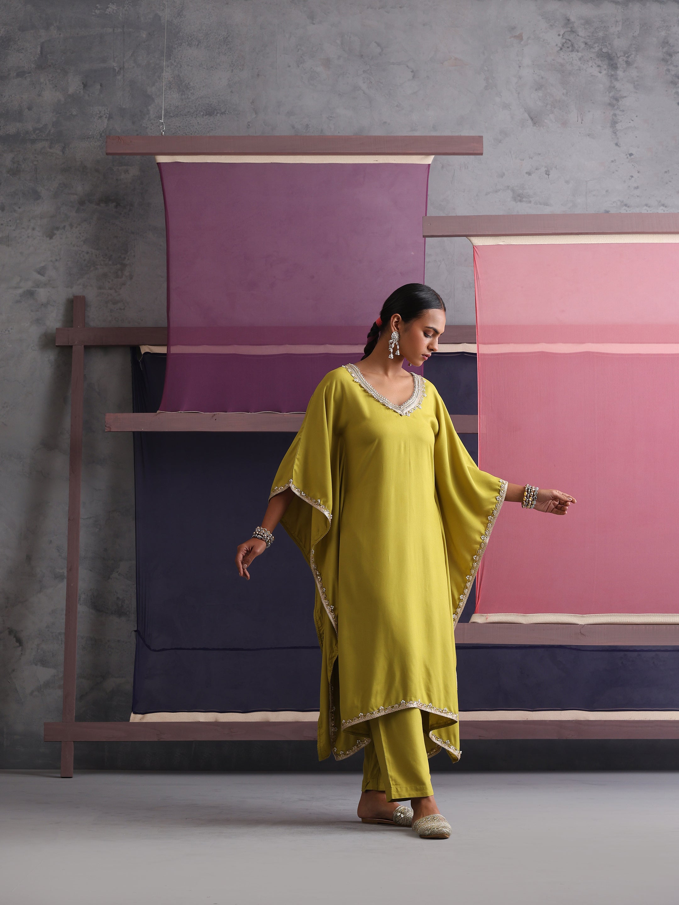 Khushal K Women V-Neck Green Kaftan set