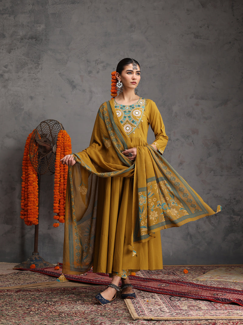 Khushal K Women Cotton Kurta Palazzo Dupatta Set - Mustard