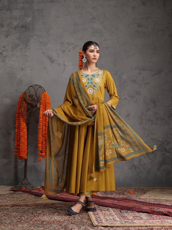 Khushal K Women Cotton Kurta Palazzo Dupatta Set - Mustard
