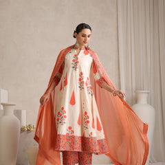 Women elegant White Anarkali Kurta with Coral Prints, Palazzos & Dupatta