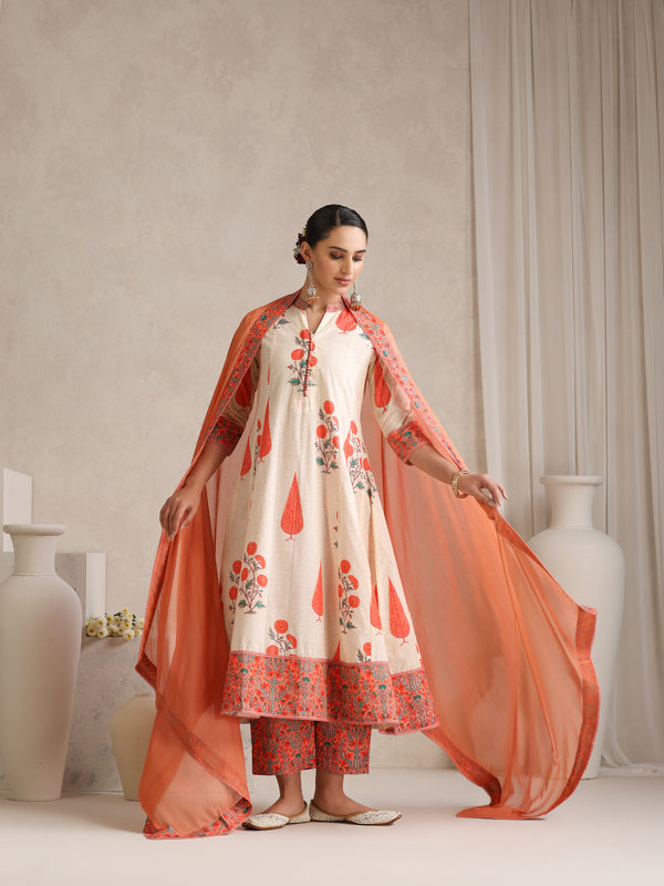 Women elegant White Anarkali Kurta with Coral Prints, Palazzos & Dupatta