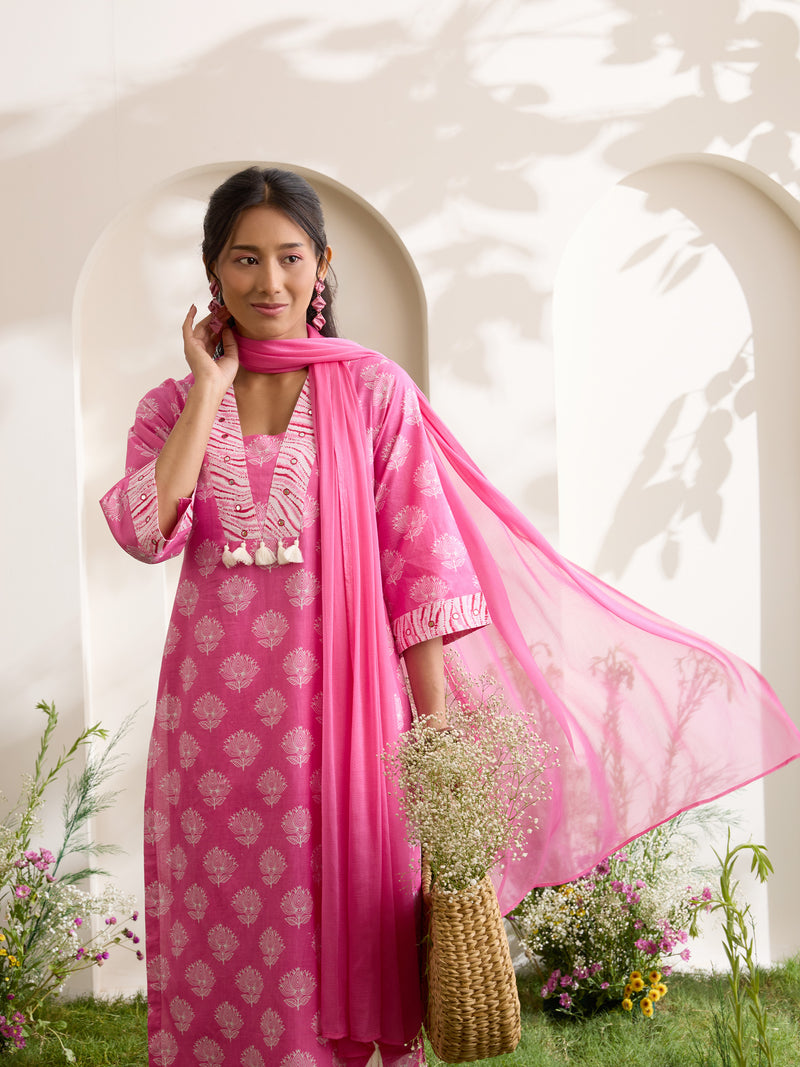 Khushal K Women Cotton Kurta And Palazzo With Dupatta Set - Pink