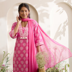 Khushal K Women Cotton Kurta And Palazzo With Dupatta Set - Pink