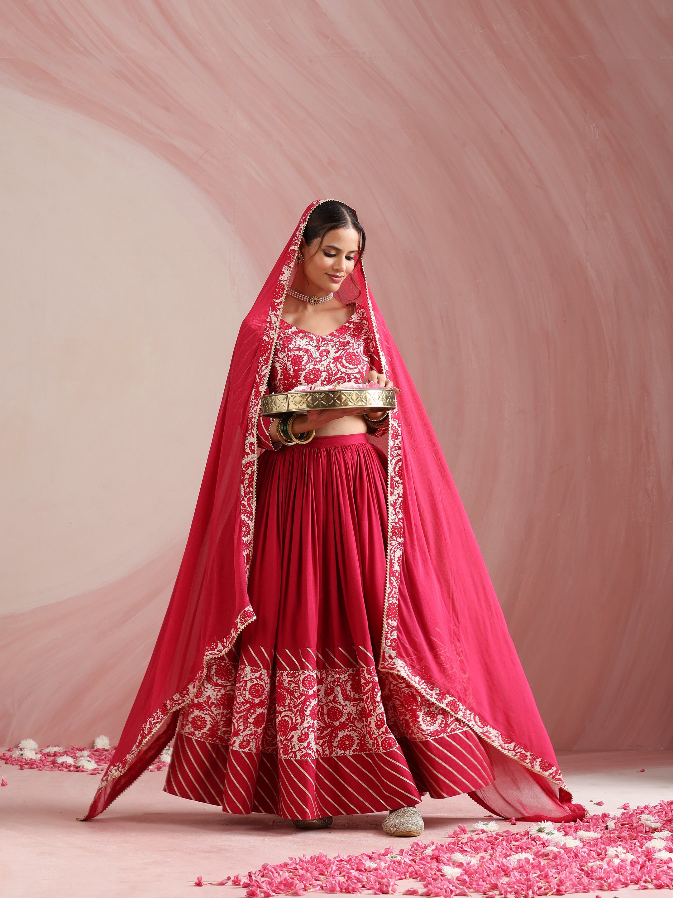 Pink Floral Printed Gotta Patti Ready to Wear Lehenga & Choli With Dupatta