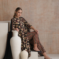 Floral Printed Mandarin Collar Pure Cotton Anarkali Kurta & Palazzos And Dupatta