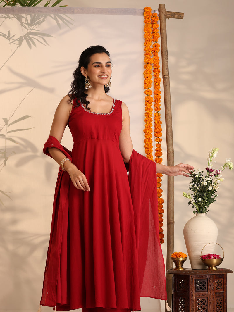 Khushal K Women Cotton Kurta and Palazzo With Dupatta Set - Maroon