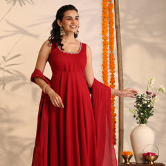 Khushal K Women Cotton Kurta and Palazzo With Dupatta Set - Maroon
