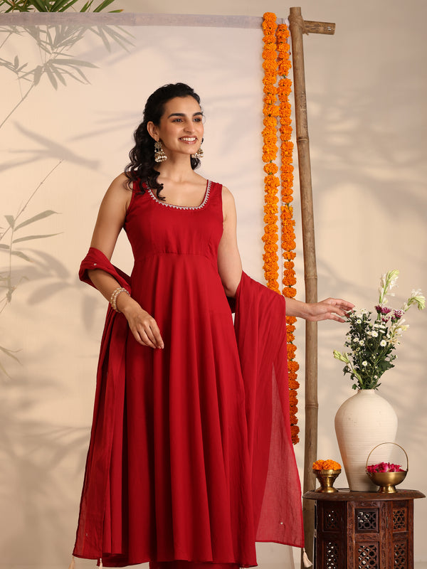 Khushal K Women Cotton Kurta and Palazzo With Dupatta Set - Maroon
