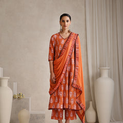 Floral Printed V Neck Pure Cotton A-Line Kurta With Palazzos & Dupatta