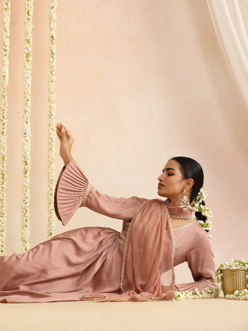 Peach & Gold Solid Kurta with Trousers & Dupatta
