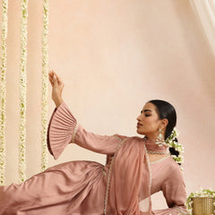 Peach & Gold Solid Kurta with Trousers & Dupatta