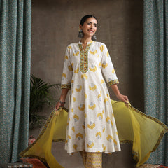 Floral Printed Pure Cotton Straight Kurta With Palazzos And Dupatta