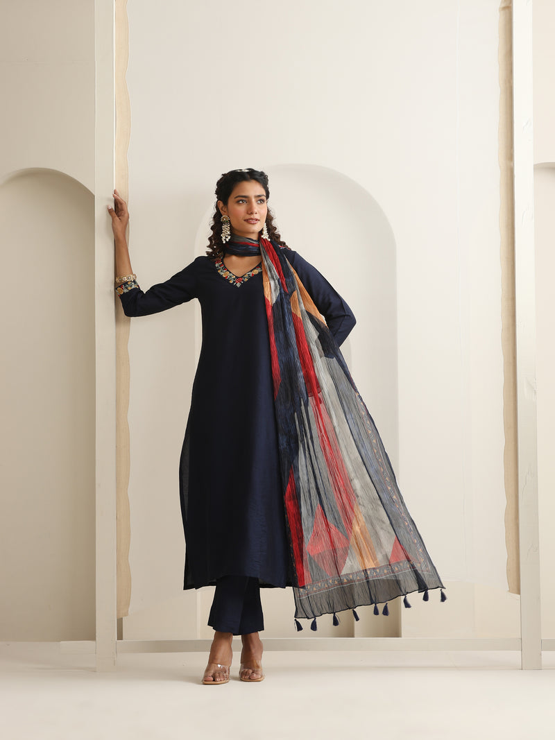 Khushal K Women Pure Silk blue Embroidered Kurta & Palazzo With Dupatta
