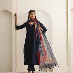 Khushal K Women Pure Silk blue Embroidered Kurta & Palazzo With Dupatta