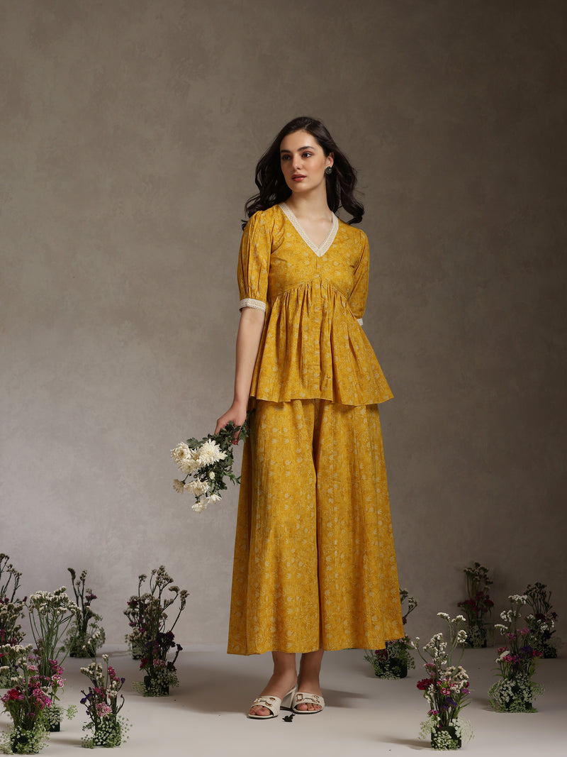 Yellow Printed Co-Ord Set with Lace Detil