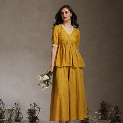 Yellow Printed Co-Ord Set with Lace Detil