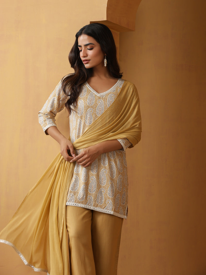 Paisley Printed Pure Cotton Straight Kurta With Palazzo And Dupatta