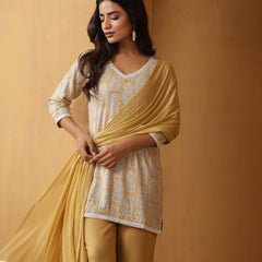 Paisley Printed Pure Cotton Straight Kurta With Palazzo And Dupatta