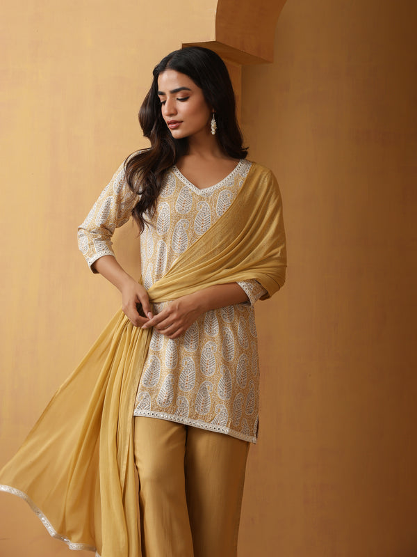 Paisley Printed Pure Cotton Straight Kurta With Palazzo And Dupatta