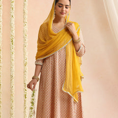 Off-White Block Print Kurta Set with Sunshine Yellow Dupatta