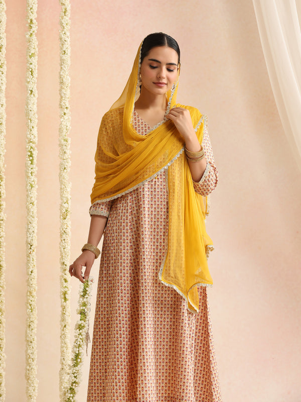 Off-White Block Print Kurta Set with Sunshine Yellow Dupatta