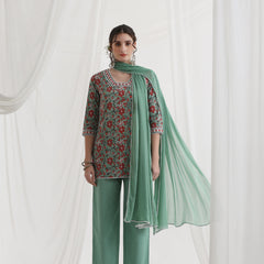 Floral Printed Square Neck Pure Cotton Straight Kurti With Palazzos & Dupatta