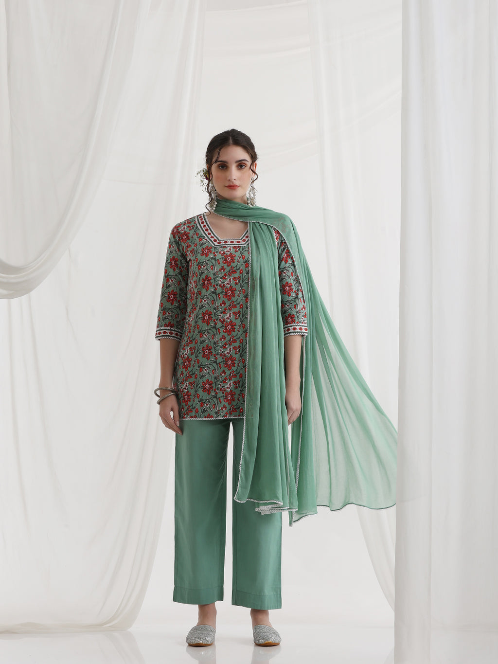 Floral Printed Square Neck Pure Cotton Straight Kurti With Palazzos & Dupatta