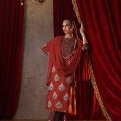 Khushal K Women Cotton kurta and palazzo with dupatta set - Rust
