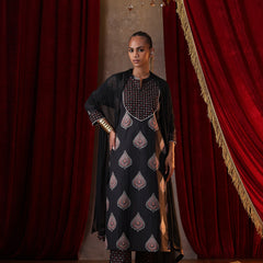 Khushal K Women Cotton kurta and palazzo with dupatta set - Black