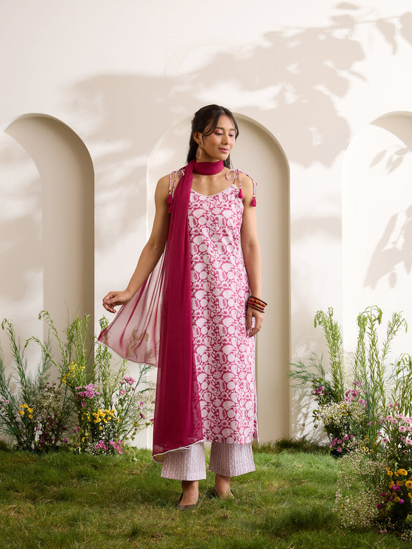 Khushal K Women Cotton Kurta And Palazzo With Dupatta Set - Maroon
