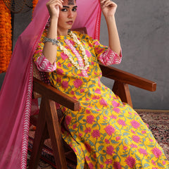 Khushal K Women Cotton Kurta Palazzo Dupatta Set - Yellow