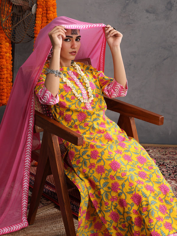 Khushal K Women Cotton Kurta Palazzo Dupatta Set - Yellow