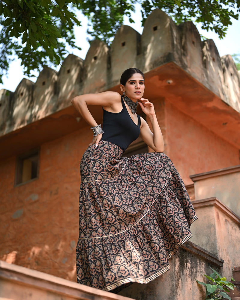 Khushal K Women's Black Printed Cotton Flared Maxi Skirt