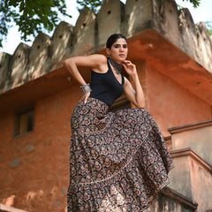 Khushal K Women's Black Printed Cotton Flared Maxi Skirt