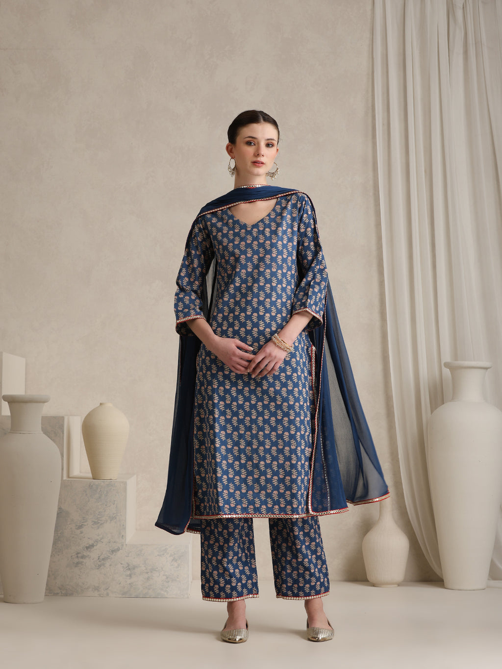 Floral Printed V-Neck Pure Cotton Kurta With Palazzos And Dupatta