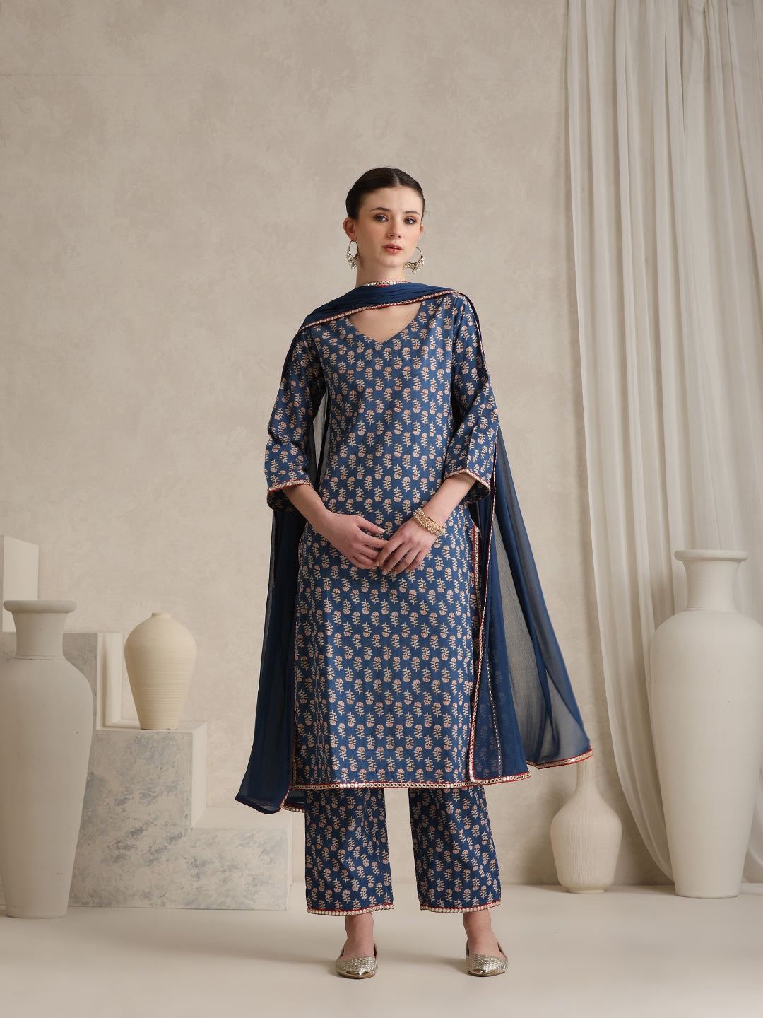 Floral Printed V-Neck Pure Cotton Kurta With Palazzos And Dupatta