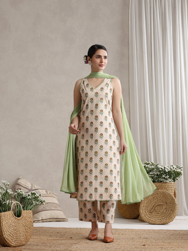 Khushal K Floral Printed V-Neck Pure Cotton Kurta set