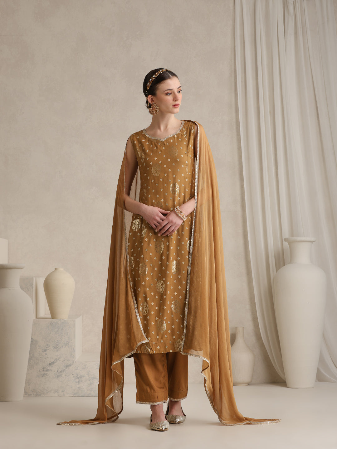 Embroidered Panelled Anarkali Kurta With Trouser & Dupatta