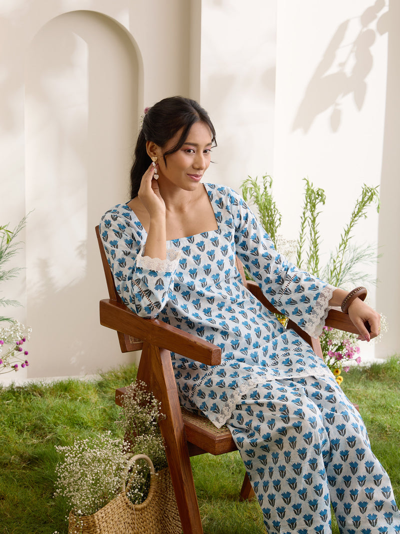 Khushal K Women Cotton Kurti With Farshi Salwar Set - Blue
