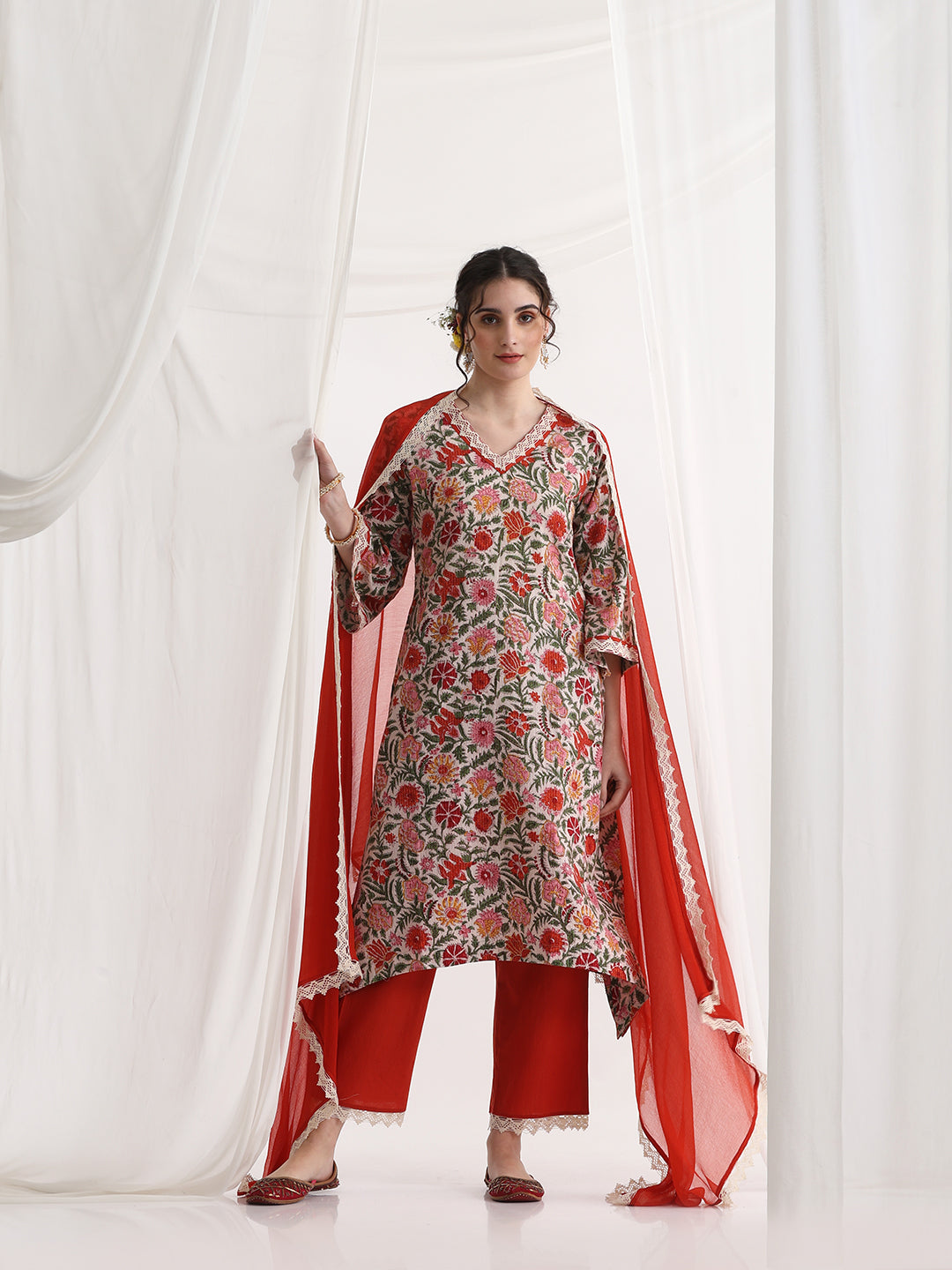Floral Printed V-Neck Pure Cotton A-Line Kurta With Palazzos And Dupatta