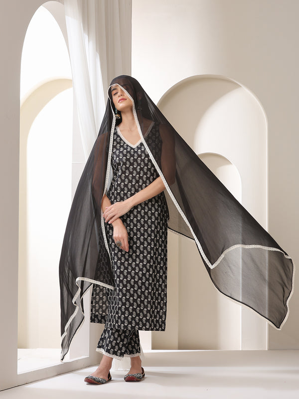 Women Floral Printed Regular Pure Cotton Kurta with Palazzos & With Dupatta