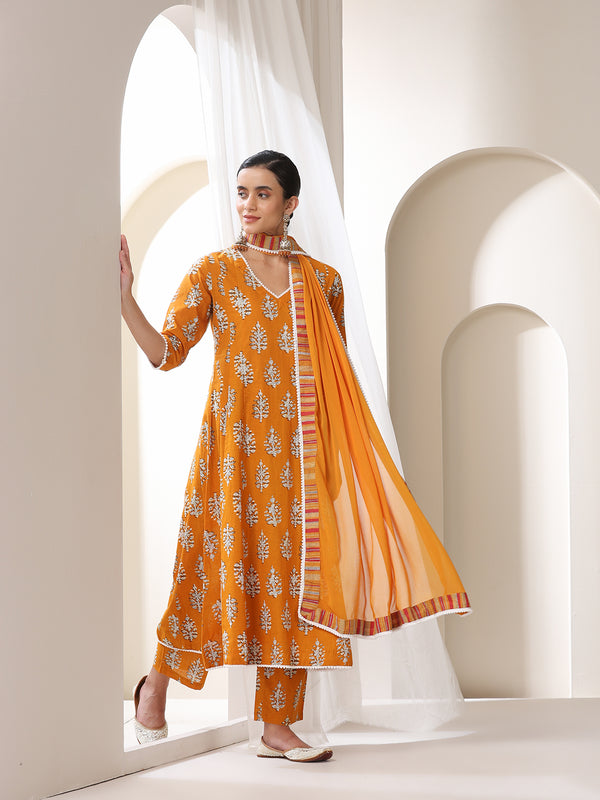 Women Floral Printed Regular Pure Cotton Kurta with Palazzos & With Dupatta