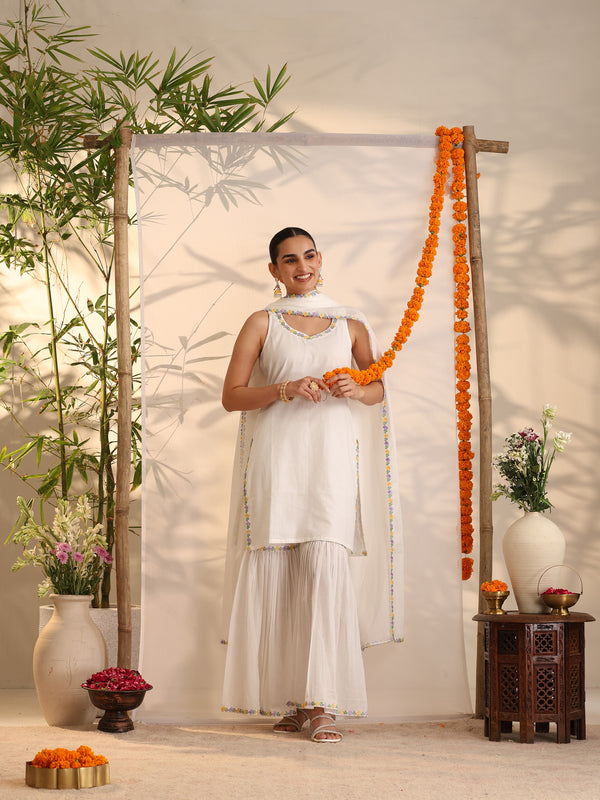 Khushal K Women Cotton Kurta and Sharara With Dupatta Set - White