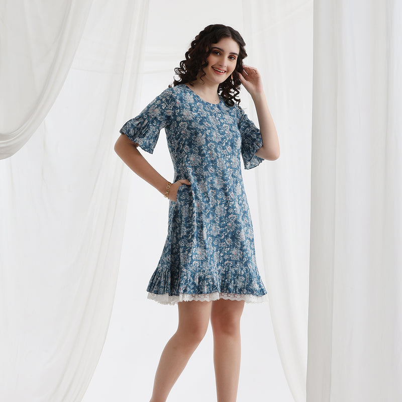 Women Floral Printed Cotton A-Line Above Knee Dress - Blue - Khushal K - Image 1