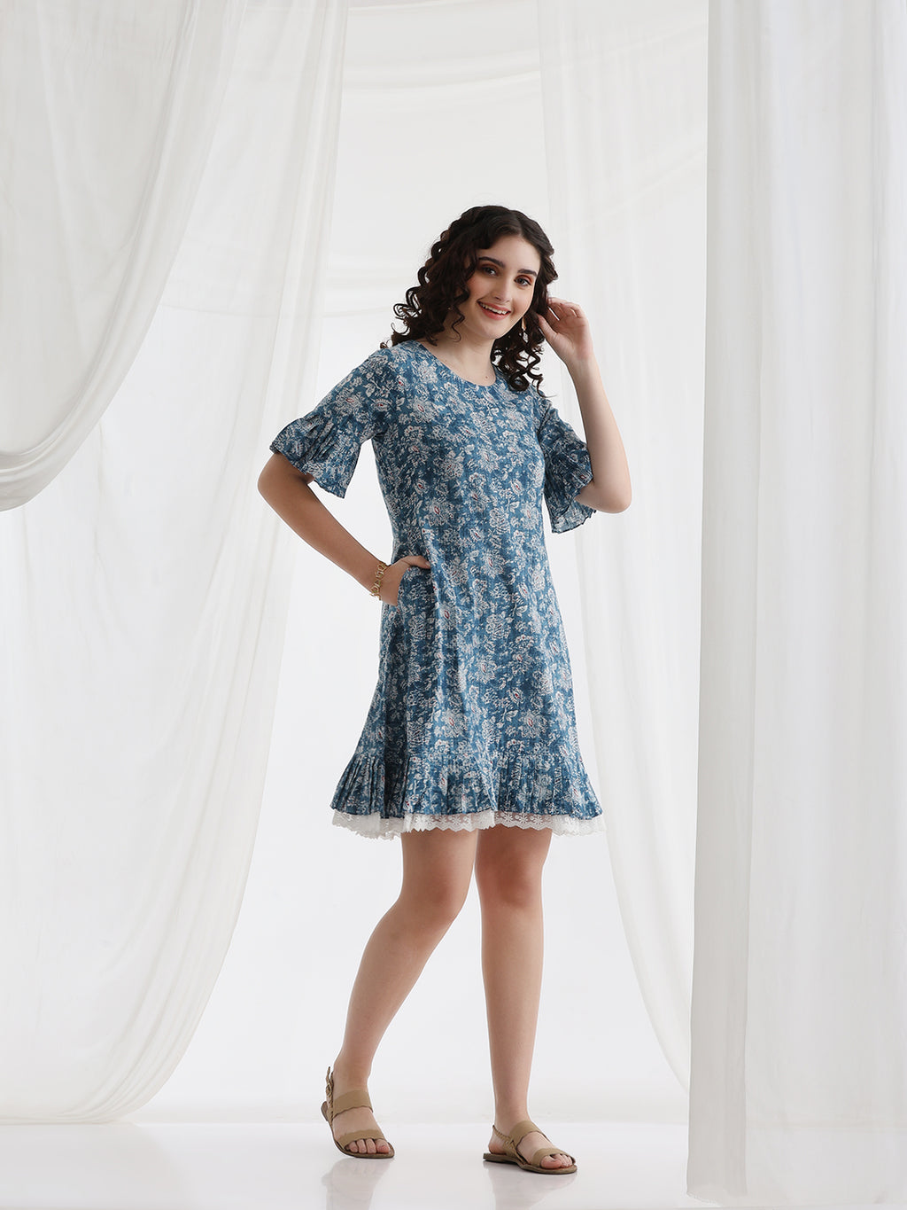 Women Floral Printed Cotton A-Line Above Knee Dress