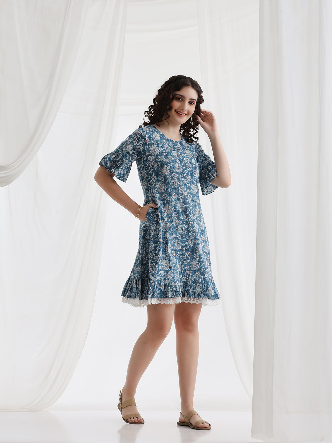 Women Floral Printed Cotton A-Line Above Knee Dress